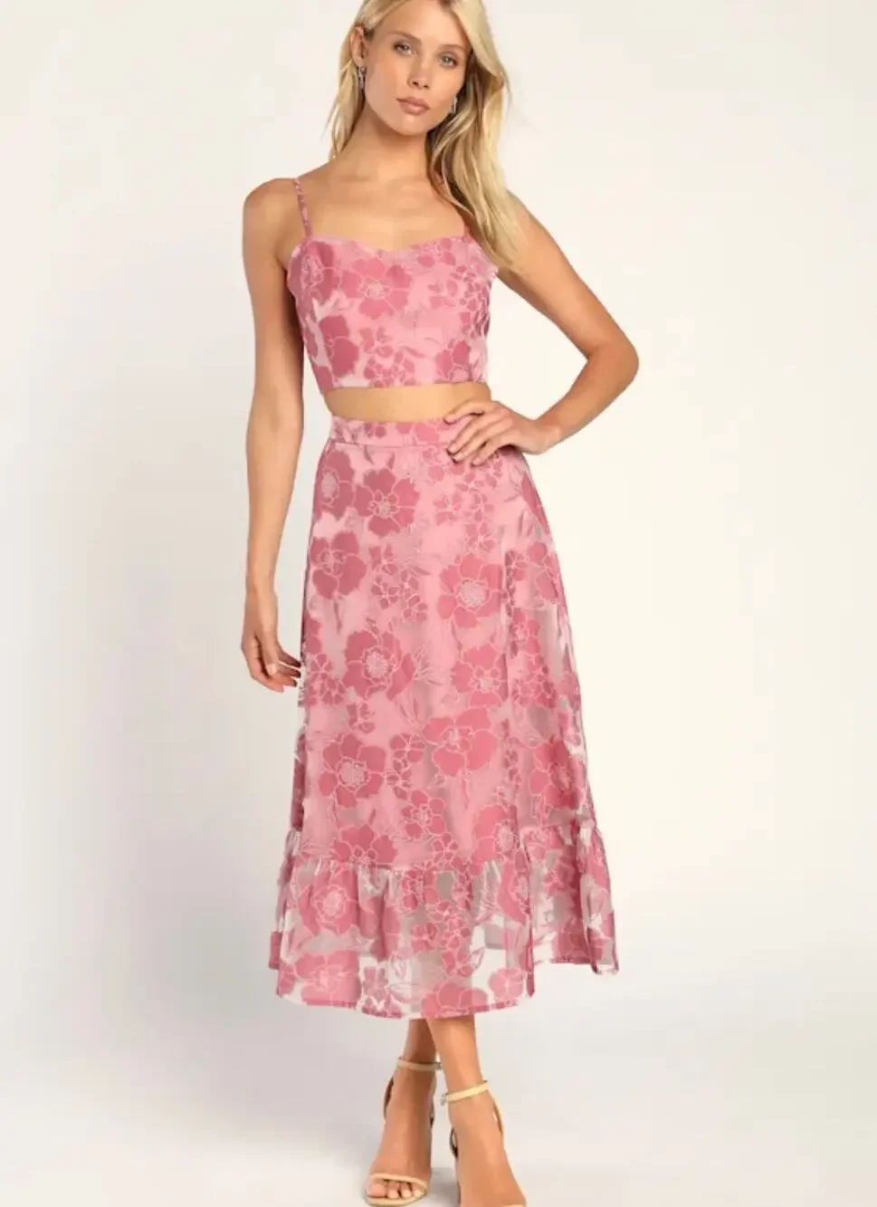 Lulus Certainly Stylish Mauve Pink Burnout Floral Two-Piece Midi Dress sz S - Picture 1 of 7